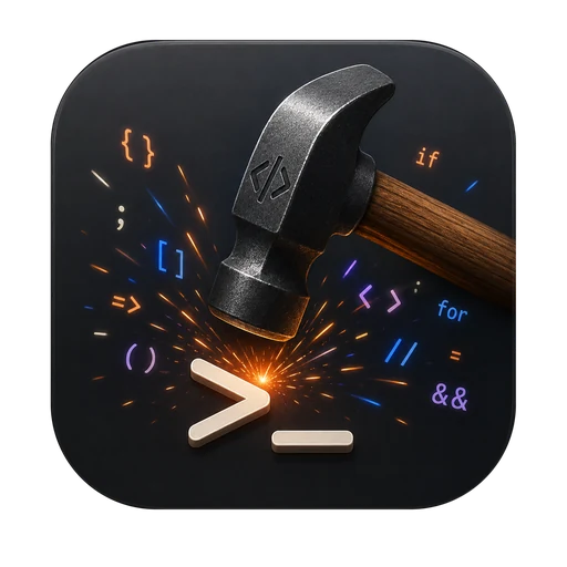 Forge Pro app icon — a hammer striking a terminal prompt amid a spray of code sparks